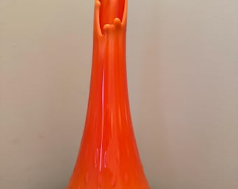 Vintage LE Smith Bittersweet Three Toe Swung Vase Orange Yellow Slag Glass Footed Ruffle Drippy Vase Lover Antiques and Vintage
