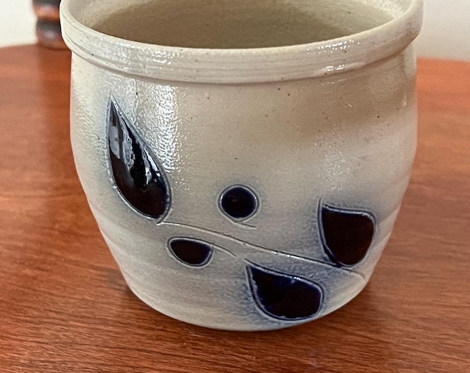 Vintage Cobalt Blue Crock with Leaves Salt Glazed Pottery Vase with Cobalt Blue Flower Design Lover Antiques and Vintage