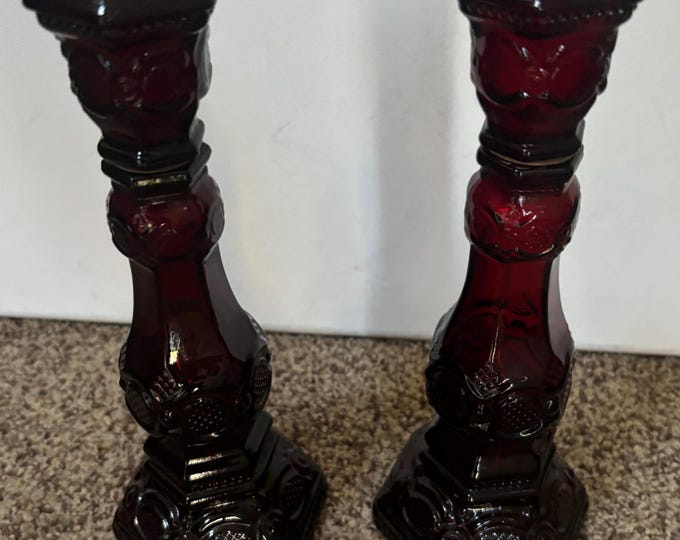 Vintage Avon Cape Cod Pair of Tall Candleholders Ruby Red Candlestick Holders Lover Antiques and Vintage