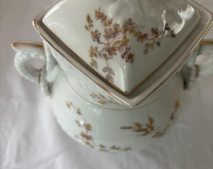Vintage Limoges of France Porcelain Biscuit Jar or Sugar Serving Dish with Handles Purple Flowers Design Lover Antiques and Vintage