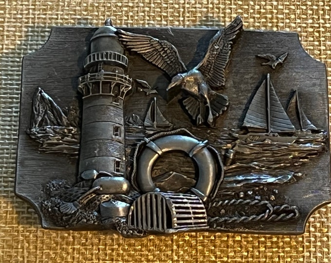 Vintage Siskiyou Lighthouse Beach Scene Belt Buckle, Beach Belt Buckle, Siskiyou Buckle Co, Sea Life, Lover Antiques and Vintage
