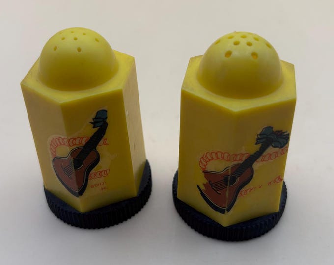 Vintage Mid Century Retro Yellow Salt & Pepper Shakers with Guitar Design Lover Antiques and Vintage