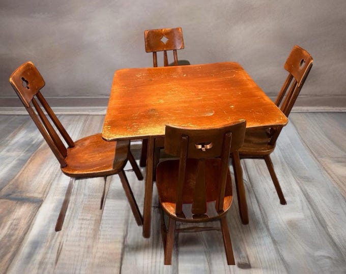 Cushman Colonial Creations Bridge Chairs 5-123 and Bridge Chair Table No.5-141, Includes Heart, Club, Spade, Diamond, Lover Antiques