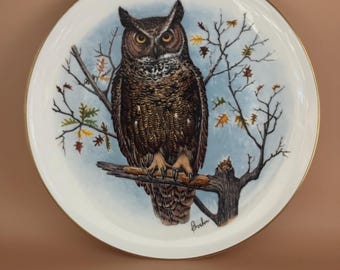 Vintage Owl Boehm Porcelain Plate by Edward Marshall Bone China Gold Rim Lover Antiques and Vintage