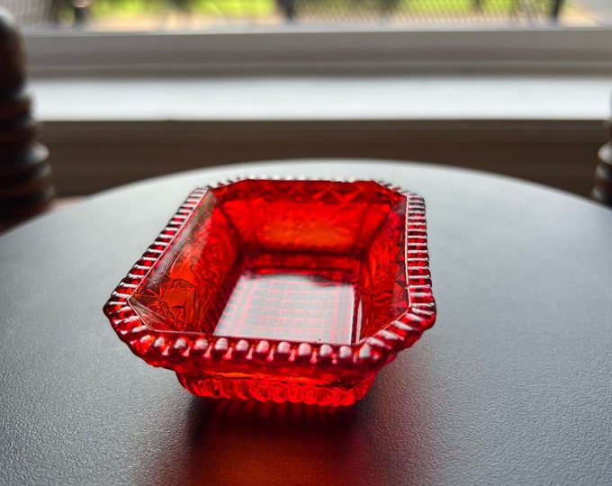 Vintage Ruby Red Amberina Cut Glass Rectangular Figurine Sugar Dish, Toothpick Holder, Container Glass Art Lover Antiques and Vintage