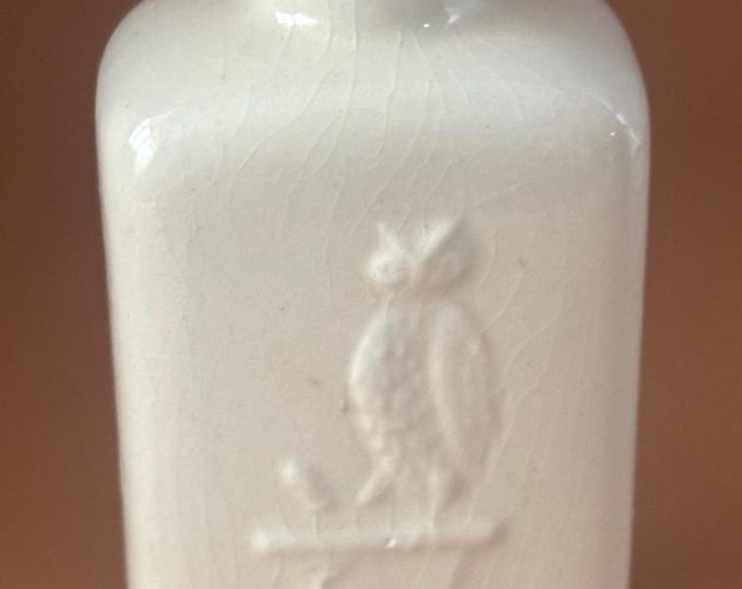 Antique White Milk Glass Owl Drug Company Bottle, Hand Blown, Early 1900's, Lover Antiques and Vintage