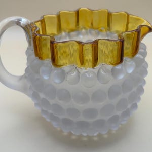 Antique Hobbs Brockunier Blue Glass Hobnail Amber Creamer | Vintage Hobnail Mini Pitcher with Amber Top, Circa 1885-1892