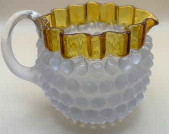 Antique Hobbs Brockunier Blue Glass Hobnail Amber Creamer | Vintage Hobnail Mini Pitcher with Amber Top, Circa 1885-1892