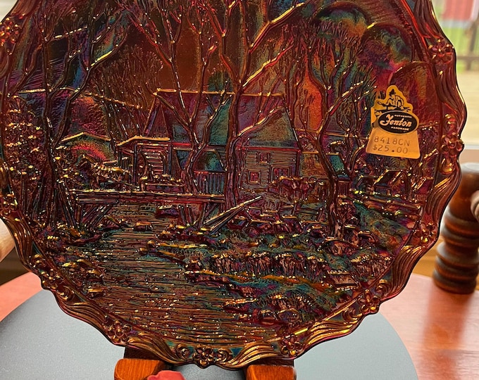 Vintage Fenton Handmade Heavy Pressed Glass Plate Winter in the Country Old Grist Mill No. 1 Series Rich Carnival Iridescent Purple Color