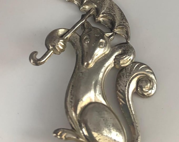 Vintage Rare Truant Fox & Umbrella Sterling Silver 3D Brooch Pin Lover Antiques and Vintage