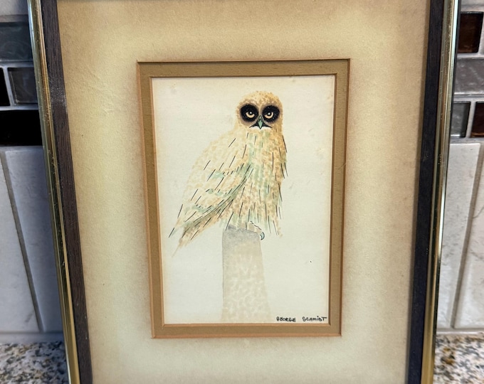 Short Eared Owl Original Watercolor by George Schmidt, Framed and In Excellent Condition, Lover Antiques and Vintage