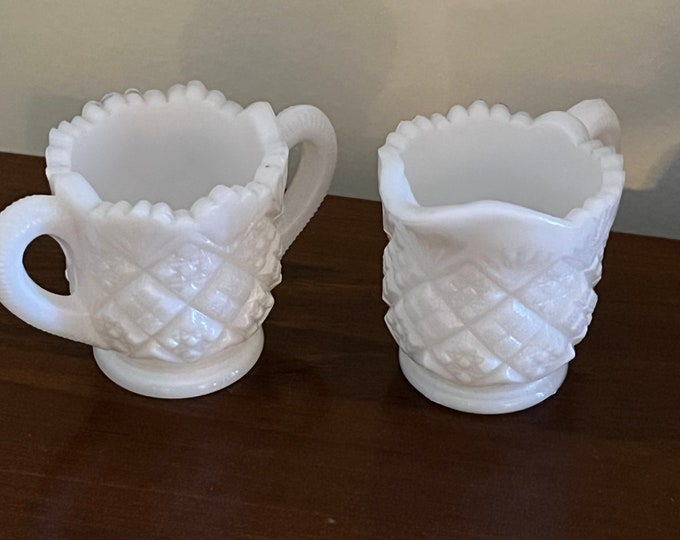 Vintage Westmoreland “Old Quilt” White Milk Glass Creamer and Sugar Bowl Set Lover Antiques and Vintage
