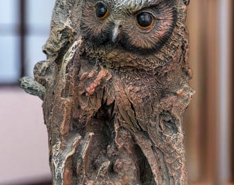 Vintage Marka Gallery Owl in Tree Stump Sculpture Carved Wood Owl Statue Lover Antiques and Vintage