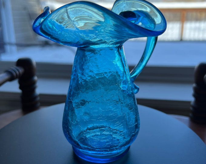 Vintage Blue Crackle Art Glass Ruffled Neck Colored Pitcher with handle glass art hand blown home decor Lover Antiques and Vintage