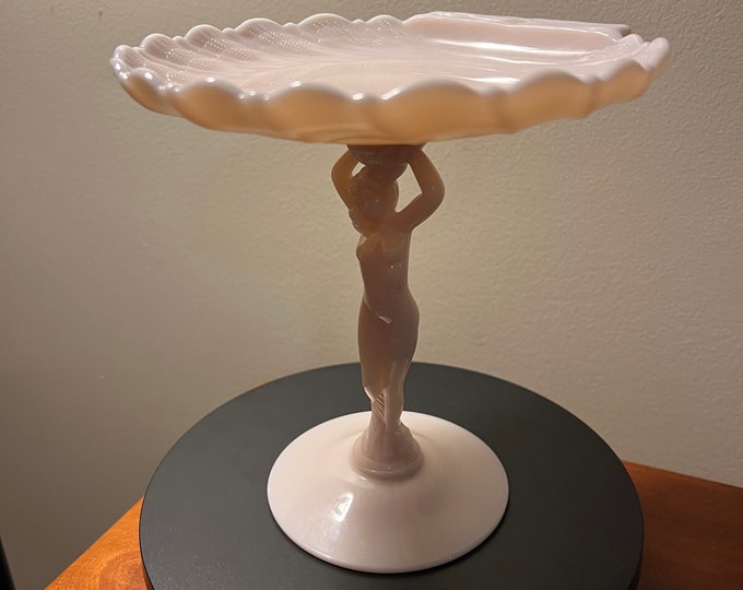 Vintage Cambridge Crown Tuscan Seashell Flying Nude Lady Stem Compote Rose Colored Art Deco Glass Bowl Pink Glass Art Lover Antiques