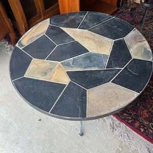 Vintage Stone Mosaic Table Set of 3, Coffee End Tables with Intricate Inlaid Stone in Earth Tones | Versatile Vintage Living Room or Patio
