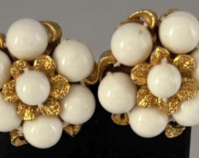 Vintage White & Gold Cluster Clip On Earrings Lover Antiques and Vintage