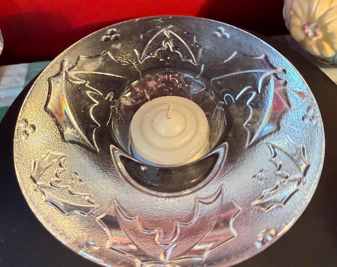 Vintage Glass Votive Candle Holder 5 Inch Wide 2 Inch High Embossed Design