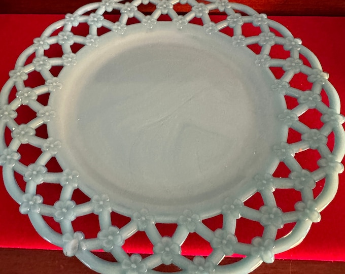 Vintage Westmoreland Blue Milk Glass Open Lace Edge Plate, Blue Open Lace Plate, Lover Antiques and Vintage
