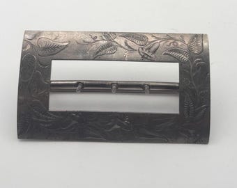 Antique Sterling Silver Belt Buckle Sash, Engraved Flowers Floral
