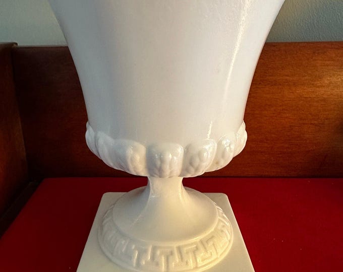 Vintage Milk Glass Urn Style Vase Planter Square Base Container Rimmed with Greek Key Lover Antiques and Vintage