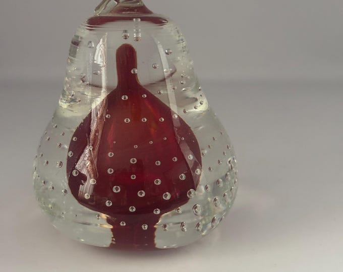 Vintage Ruby Red Pear Shaped Bullicante Glass Paperweight with Controlled Bubbles 4.5 Inch