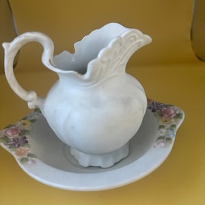 Vintage Lefton Pitcher and Plate Hand Painted Porcelain Figurines Japanese Lover Antiques and Vintage