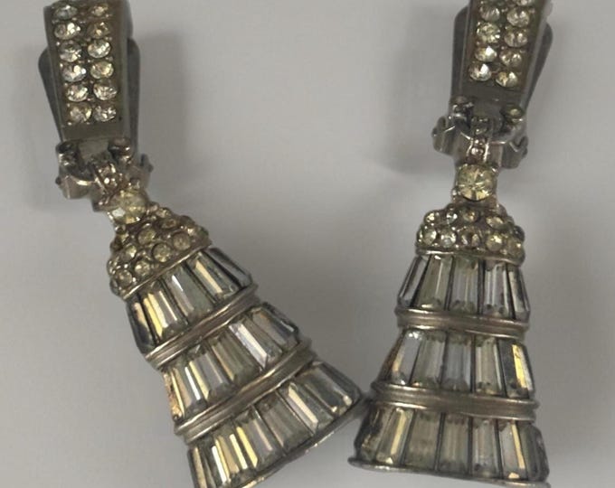 Pennino Rhinestone Earrings, Silver Three Tiered Baguette Cut Design, Bell Shaped
