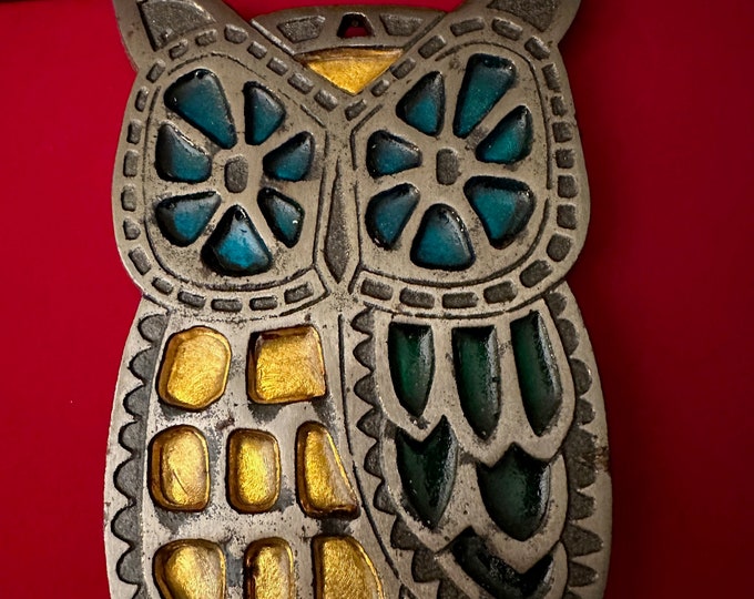 Vintage Cast Iron Stained Glass Owl Trivet, Vintage Green Yellow Owl Trivet, Mid Century Owl Cast Iron Art, Lover Antiques