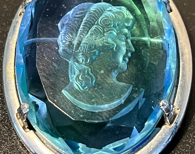 Vintage Cobalt Blue Cameo signed by Warner Reverse Carved Blue Green Woman Image Jewelry Mid Century Modern Lover Antiques and Vintage