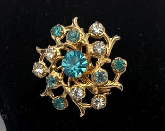 Vintage Coro Starburst Brooch With Blue and Clear Rhinestones, Signed Pin