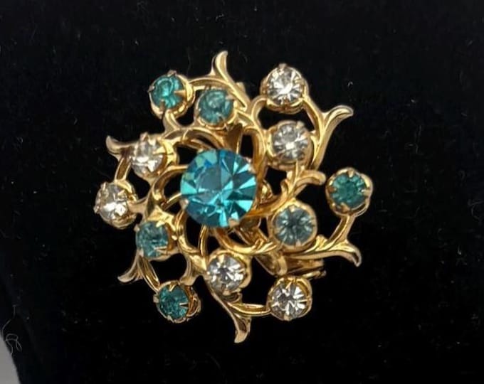 Vintage Coro Starburst Brooch With Blue and Clear Rhinestones, Signed Pin