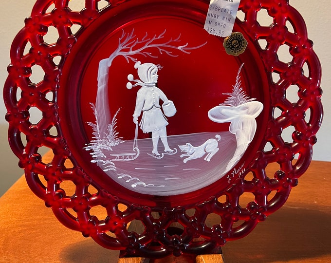 Vintage Westmoreland Ruby Red Collectible Signed Plate 1981 Girl Ice Skating Pulling a Sled with Dog Mary Gregory Lover Antiques and Vintage
