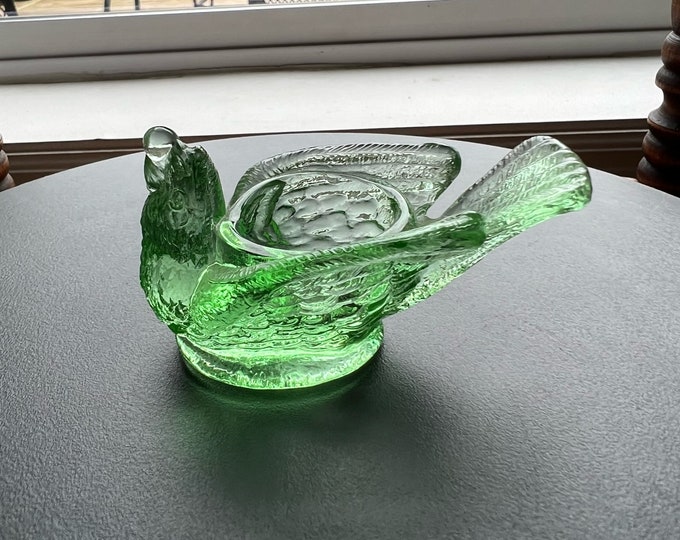 Vintage Vaseline Green Glows Degenhart Bird Glass Rooster Salt Cellar, Art Glass Rooster Dish Holder Home Decor Lover Antiques and Vintage