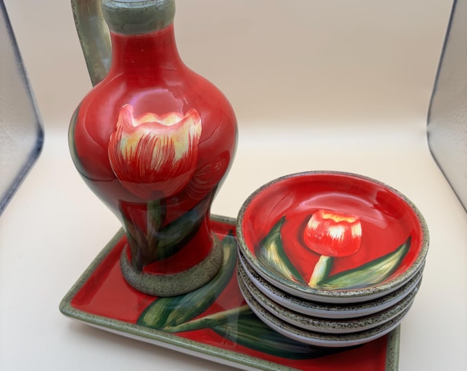 Vintage Tulip Oil Dispenser with Stopper Dipping Plates and Tray Hand Painted Cruet Decanter Lover Antiques and Vintage