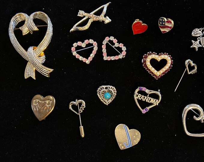 Vintage Heart Collection of 19 Pins Brooches Colorful Brooches Pins great gift jewelry Lover Antiques and Vintage