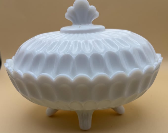 Vintage Fenton Olde Virginia Thumbprint Milk Glass Footed Candy Dish with Lid Lover Antiques and Vintage