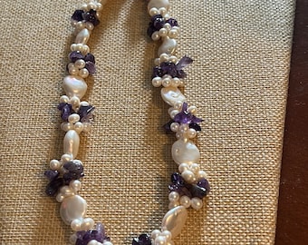 Vintage Pearl Amethyst Necklace: Sterling Silver Clasp, 15"