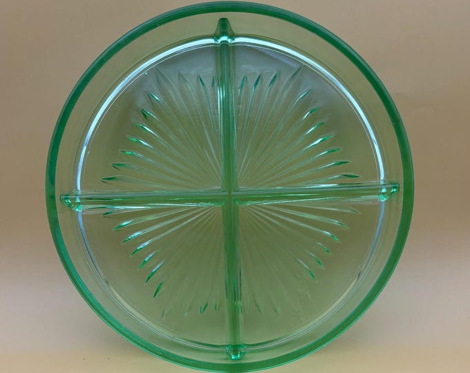 Vintage Crossbar Darcy and Button Vaseline Glass Divided Dish Plate Uranium Glass Lover Antiques and Vintage