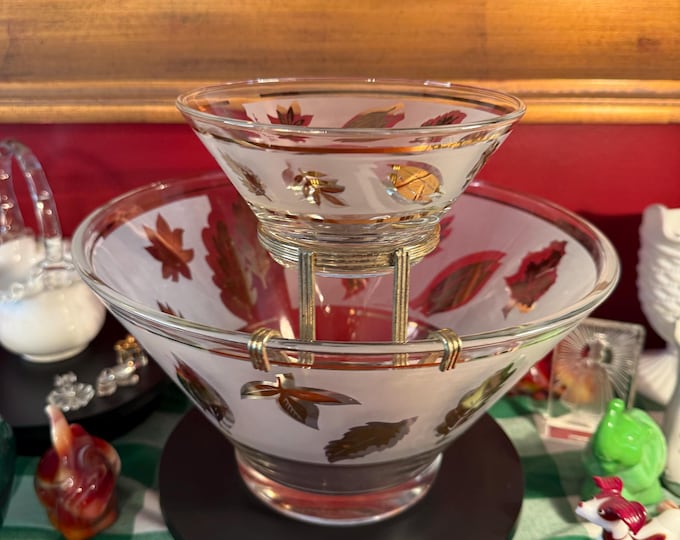 Libby Gold Leaf Chip & Dip Set, Mid Century Modern Barware Glassware