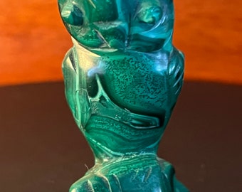 Vintage Carved Malachite Stone Owl on Pedestal Base, Green Stone Owl Figurine, Lover Antiques and Vintage