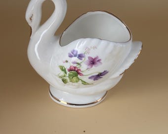 Bone China Swan Ring Dish, Hand Painted Swan Figurine, Vintage Lefton Ivory Sw