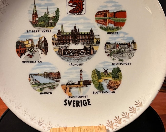Vintage Swedish Malmo Sverige Souvenir Sweden Colorful Plate Wall Hanging