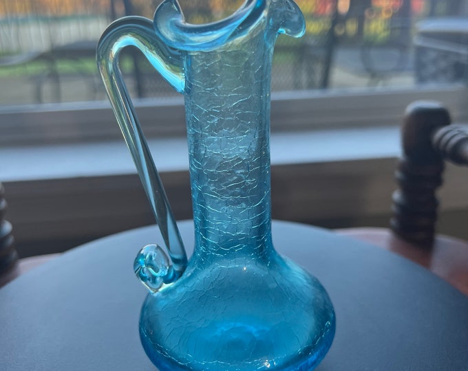 Vintage Blue Crackle Glass, Mini Pitcher, Art Blue Glass, Art Glass, Lover Antiques and Vintage