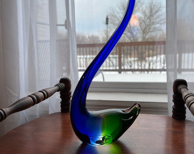 Vintage Blue and Green Hand Blown Glass Swan Stunning Figurine Glass Art 12” tall Great Gift Lover Antiques and Vintage