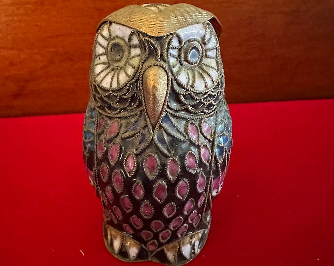 Vintage Cloisonné Brass Enameled Owl Statue with Gold Top, Red Blue Gold Enameled Owl Figurine, Lover Antiques and Vintage