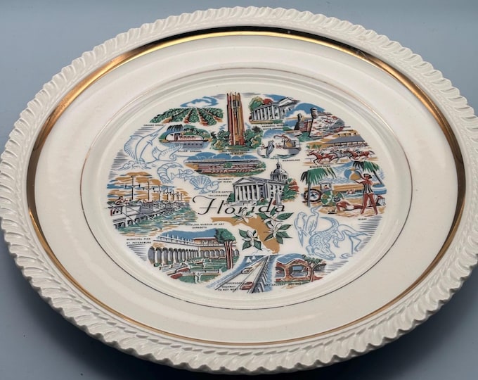 Florida Souvenir 10" Large Plate, Mid Century Florida Landmarks, Ruffled Gold Edge, Lover Antiques and Vintage