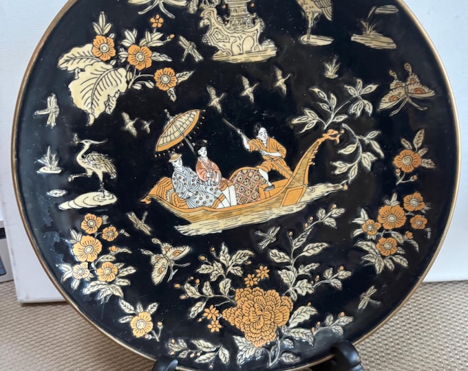 Vintage Sevres Porcelain Plate with Chinoiserie Design Chinese Plate with Stand Black Background with Gold Trim Lover Antiques and Vintage