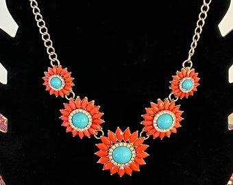 Vintage Coral and Turquoise Bib Style Necklace With Gold Style Chain Jewelry Pretty Things Lover Antiques