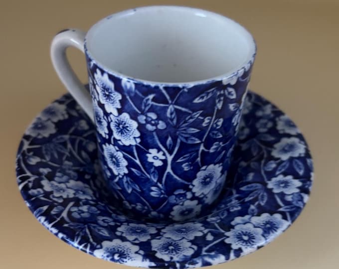 Vintage CALICO Blue and White Floral Espresso Cup and Saucer Royal Crownford Burleigh England Floral Transferware Lover Antiques